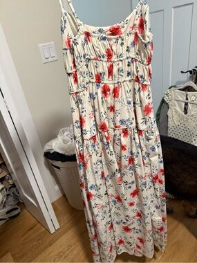 Floral Cream Maxi Dress with Red & Blue Blooms